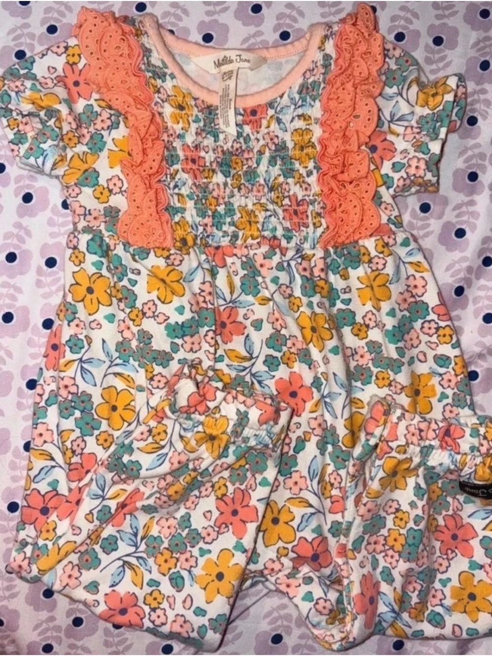 Matilda Jane Coral Ruffle Floral Smocked Romper with Yellow & Teal Blooms 6-12mo